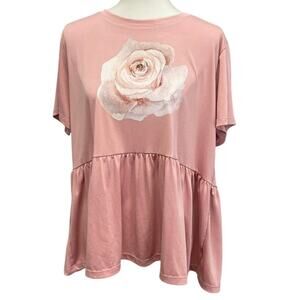 Hand Printed XL Upcycled Watercolor Rose Flower Short Sleeve Ruffled Blouse